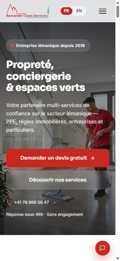 Le même site Romandie Clean Services affiché sur téléphone mobile